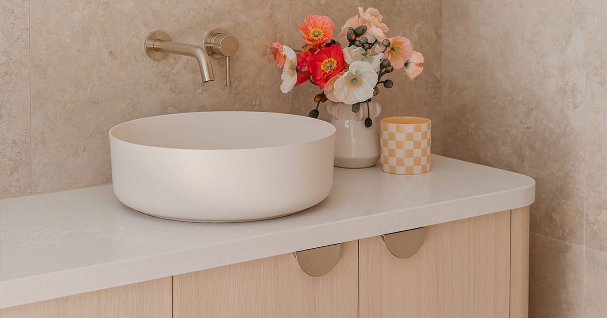 Pakenham House curved vanity featuring HW31018 Brienne PurePanel Timber Veneers